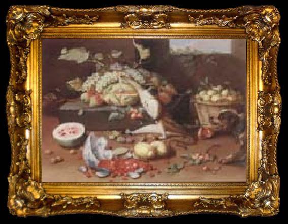 framed  Jan Van Kessel the Younger Still life of a watermelon,pears,grapes and melons,plums,apricots and pears in a basket,with a dog surprising a monkey and fraises-de-bois spilling ou, ta009-2